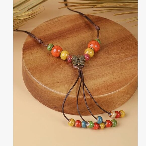Floral Necklace Bohemian Ceramic Bead Style - Picture 2 of 5